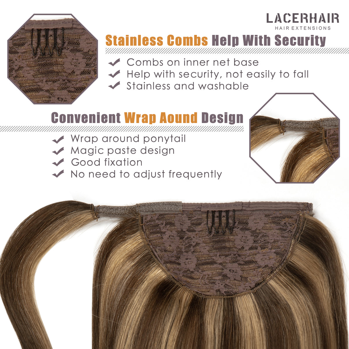 Human Hair Ponytail Wrap Around Ponytail Human Hair Extensions with Invisible Comb blonde clip - lacerhairofficial