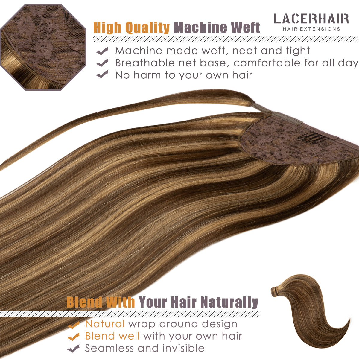 Human Hair Ponytail Wrap Around Ponytail Human Hair Extensions with Invisible Comb blonde clip - lacerhairofficial