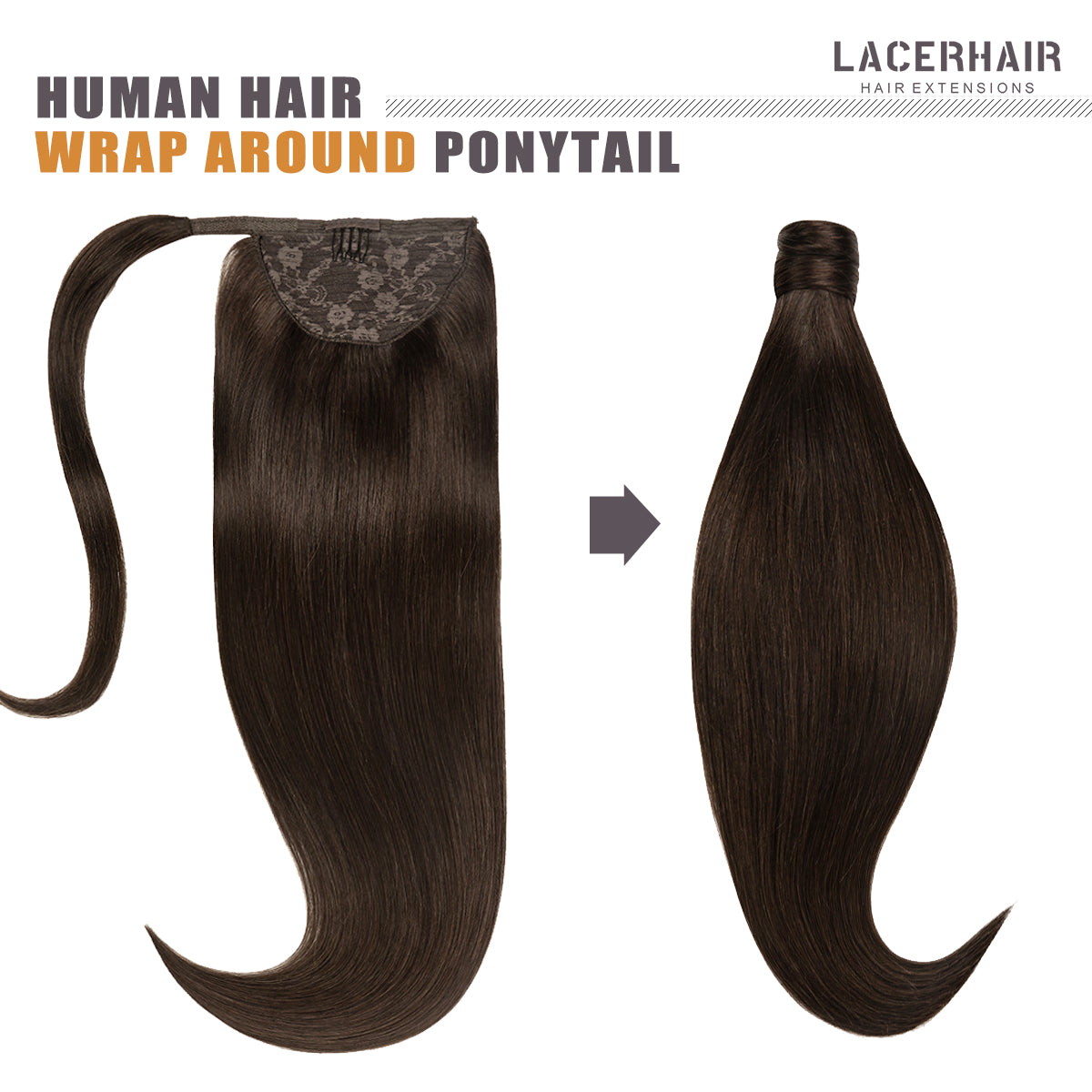 Human Hair Ponytail Dark Brown Color Hair Piece SIlky Wrap Around Ponytail Human Hair Extensions with Invisible Comb blonde clip lacerhairofficial