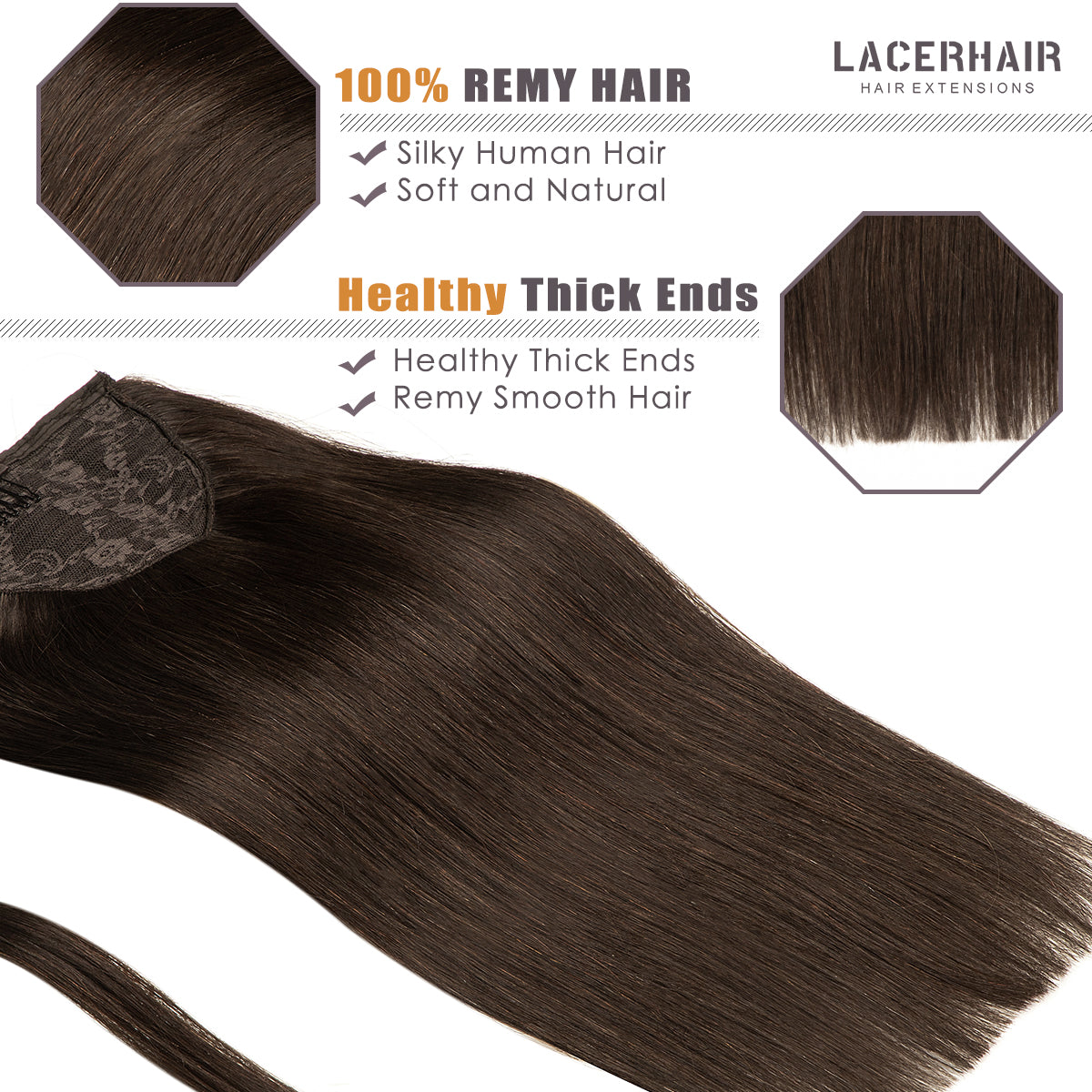 Human Hair Ponytail Dark Brown Color Hair Piece SIlky Wrap Around Ponytail Human Hair Extensions with Invisible Comb blonde clip lacerhairofficial