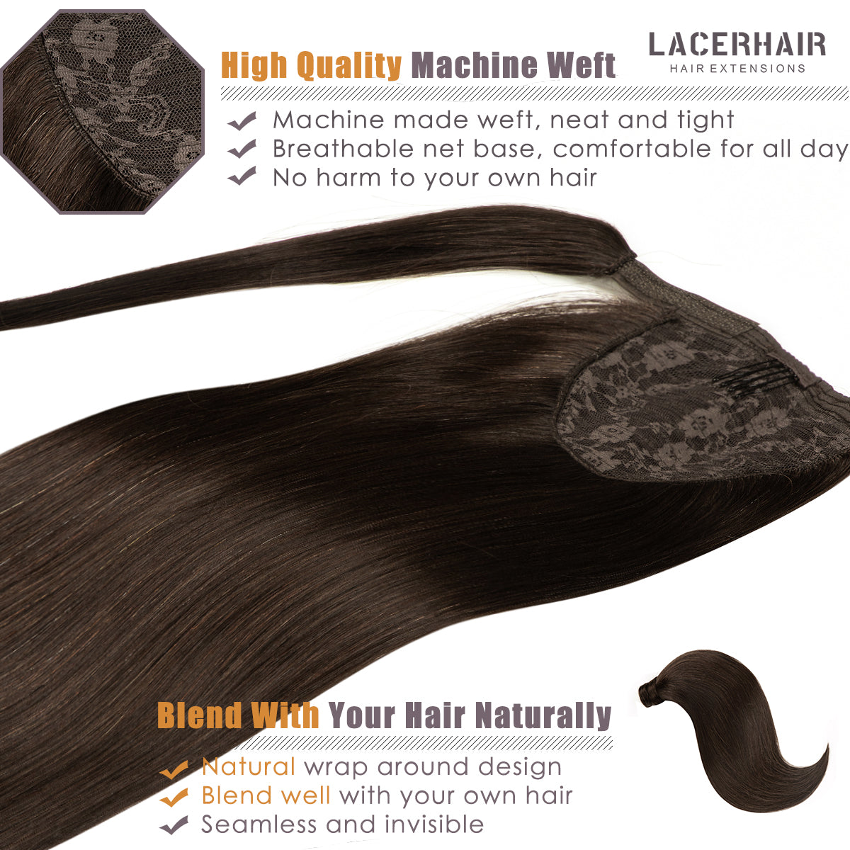 Human Hair Ponytail Dark Brown Color Hair Piece SIlky Wrap Around Ponytail Human Hair Extensions with Invisible Comb blonde clip lacerhairofficial