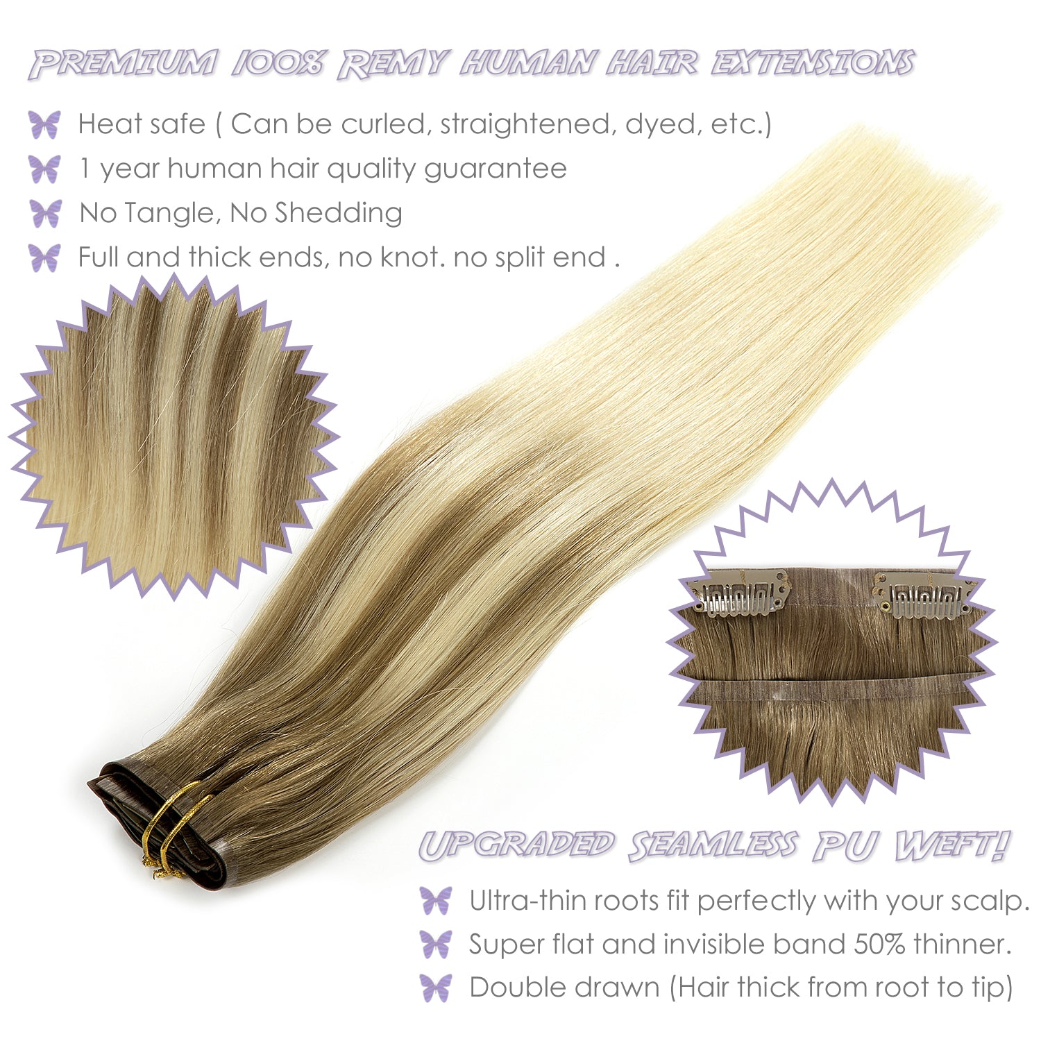 Hair Seamless Clip in Hair Extensions Human Hair Ultra Thin PU Weft Natural Hair Extensions Clip in Extensions lacerhairofficial