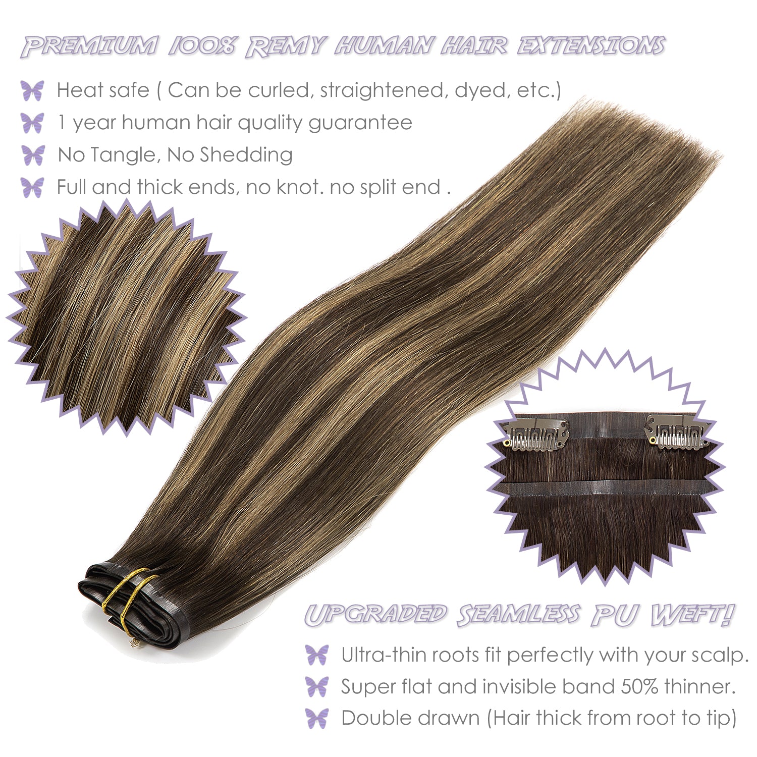 Hair Seamless Clip in Hair Extensions Human Hair Ultra Thin PU Weft Naturons Hair Extensions Clip in Extension lacerhairofficial
