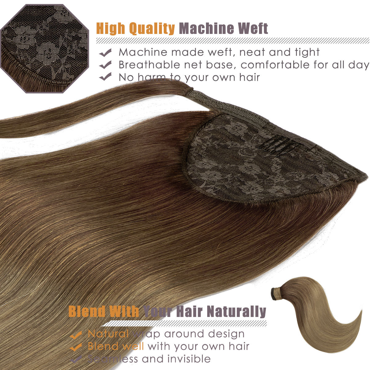 Human Hair Ponytail Wrap Around Ponytail Human Hair Extensions with Invisible Comb blonde clip - lacerhairofficial